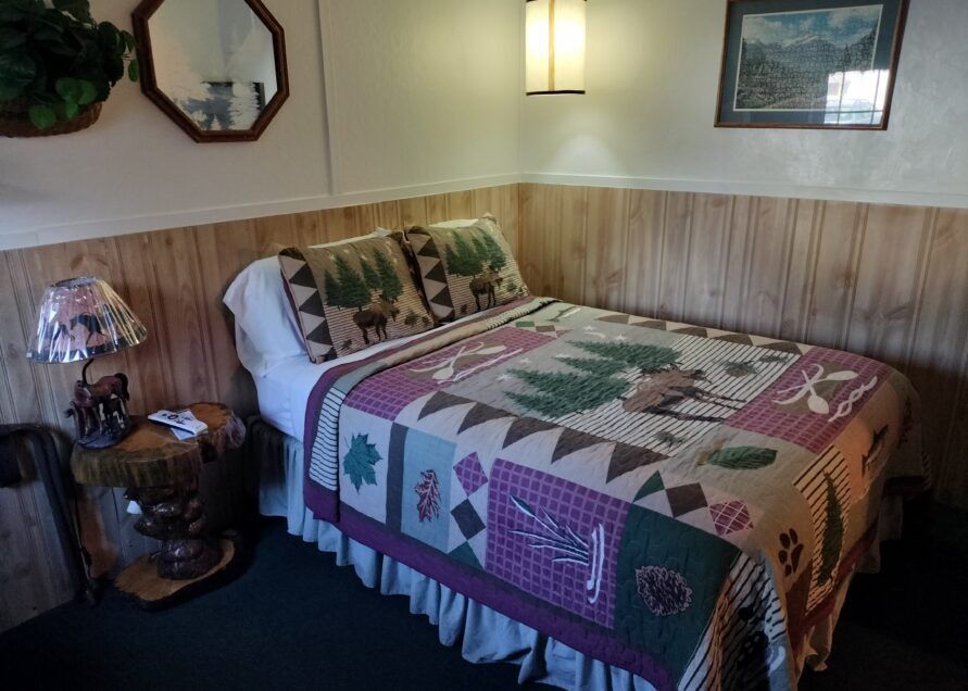 A rustic bedroom with a double bed covered in a patchwork quilt, a small nightstand with a lamp, and wooden paneling.