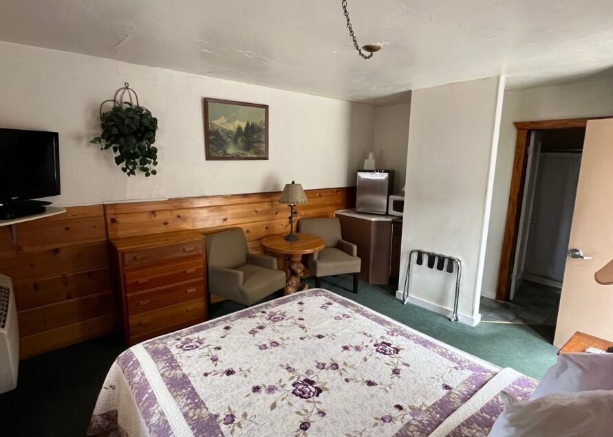Hotel room with a bed, two armchairs, a chest of drawers, and a small fridge. Includes a TV, art, and a bathroom entrance.