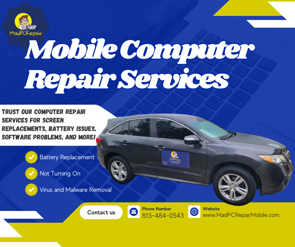 An advertisement for mobile computer repair services with a car on it.