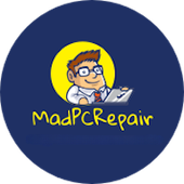 MadPCRepair logo featuring a cartoon technician with glasses holding a laptop, surrounded by a blue circular background and the slogan: 'Don't get Mad, Get MadPCRepair instead!'