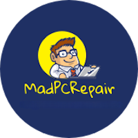 MadPCRepair logo featuring a cartoon technician with glasses holding a laptop, surrounded by a blue circular background and the slogan: 'Don't get Mad, Get MadPCRepair instead!'