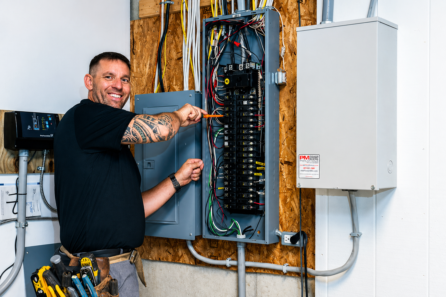 Technician wiring an open electrical panel in a utility area, smiling at the camera.