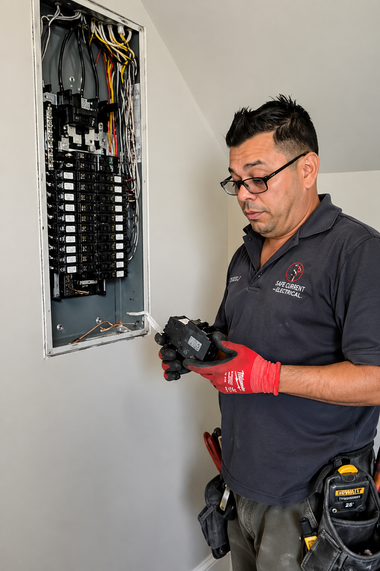Electrician in red gloves working inside an open circuit breaker panel on a gray wall