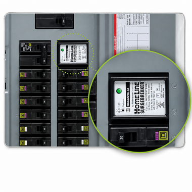 Circuit breaker panel with a zoomed-in view of a labeled switch in a gray electrical box.