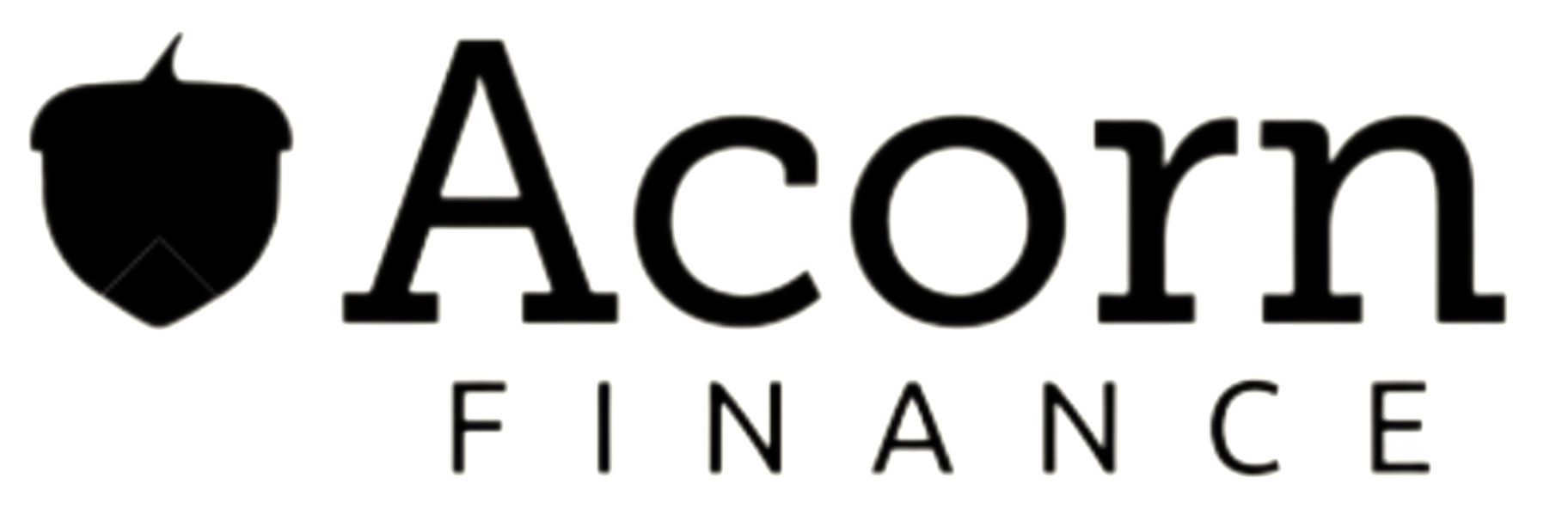 The logo for acorn finance is black and white with an acorn on it.