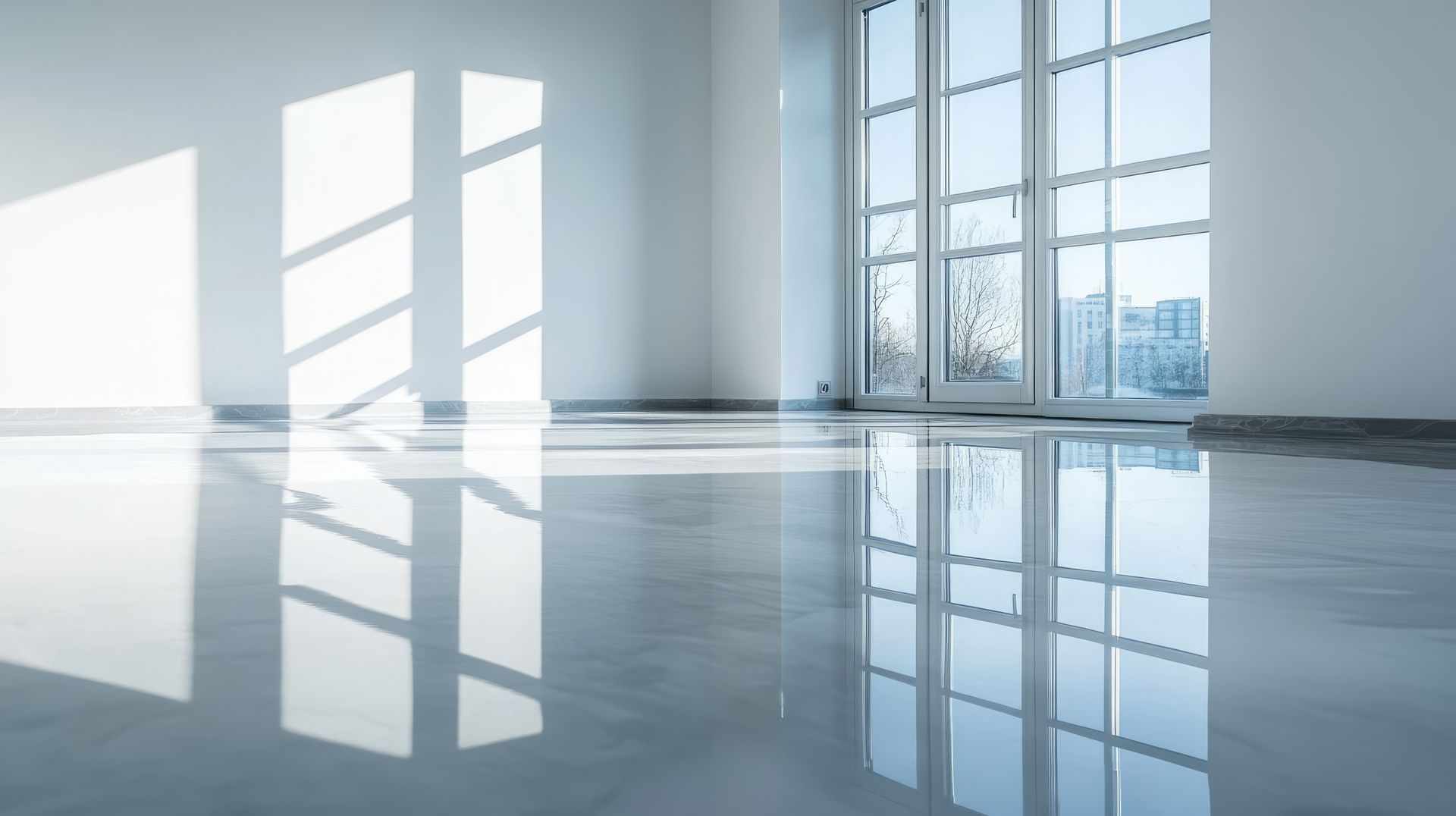Une pièce vide avec un sol brillant et beaucoup de fenêtres.