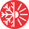 A red circle with a snowflake and a sun in it