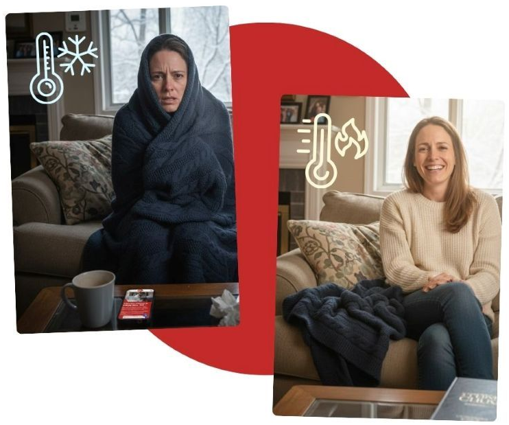 Woman cold, wrapped in blanket; woman warm, smiling on couch. Thermometer icons show temperature change.