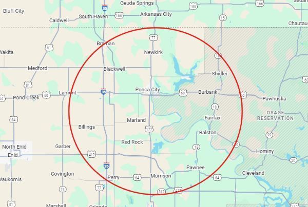 Map with a red circle encompassing northern Oklahoma, including cities like Blackwell, Ponca City, and Pawnee.