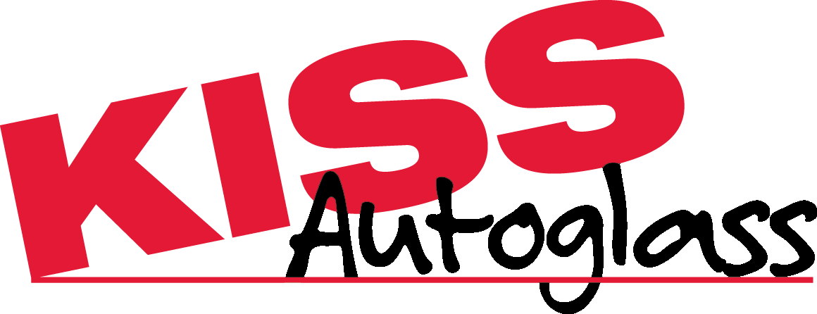 A red and black logo for kiss autoglass on a white background