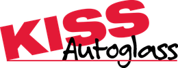 A red and black logo for kiss autoglass on a white background