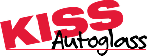 A red and black logo for kiss autoglass on a white background