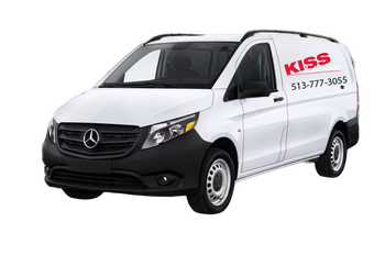 A white van with the word kiss on the side is on a white background.