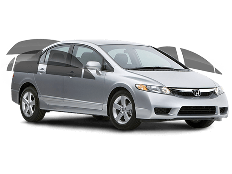 A silver honda civic is shown with its windows rolled up.