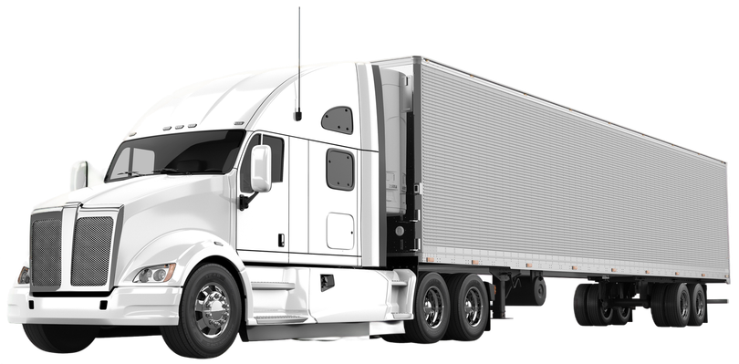 A white semi truck with a trailer attached to it on a white background.