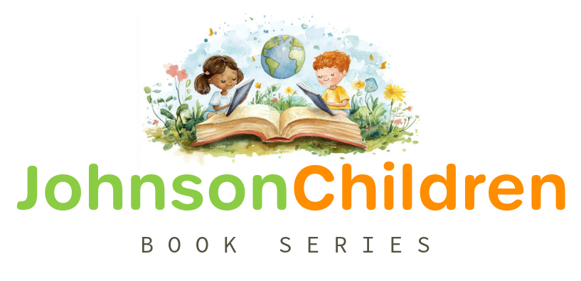 Children reading a book, green and orange text