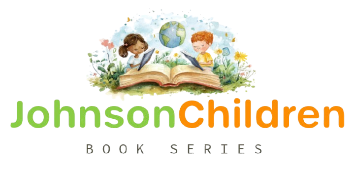 Logo for Johnson Children's Book Series: Two children reading from a book; green and orange text.