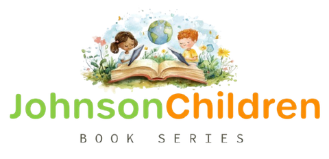 Logo for Johnson Children's Book Series: Two children reading from a book; green and orange text.