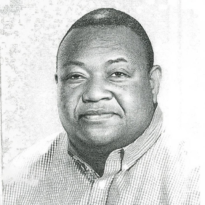 Black and white photo of a smiling, middle-aged Black man in a collared shirt.