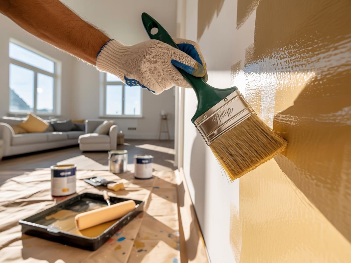 Person in gloves painting a wall with a brush, indoor setting. Paint cans and tray on the floor.