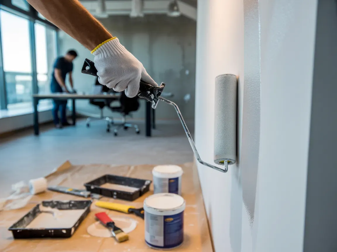 Person painting a white wall with a paint roller in an office setting.