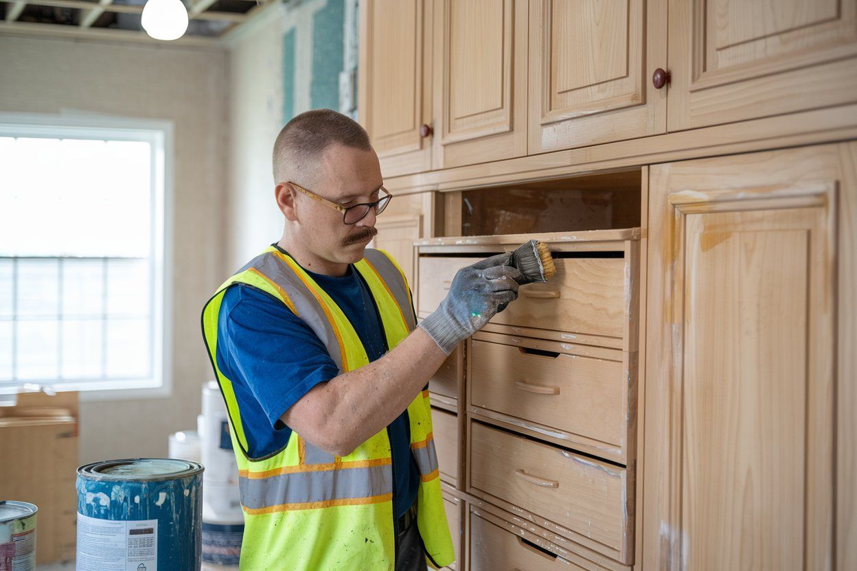 A man in a yellow vest is painting a cabinet with a brush.