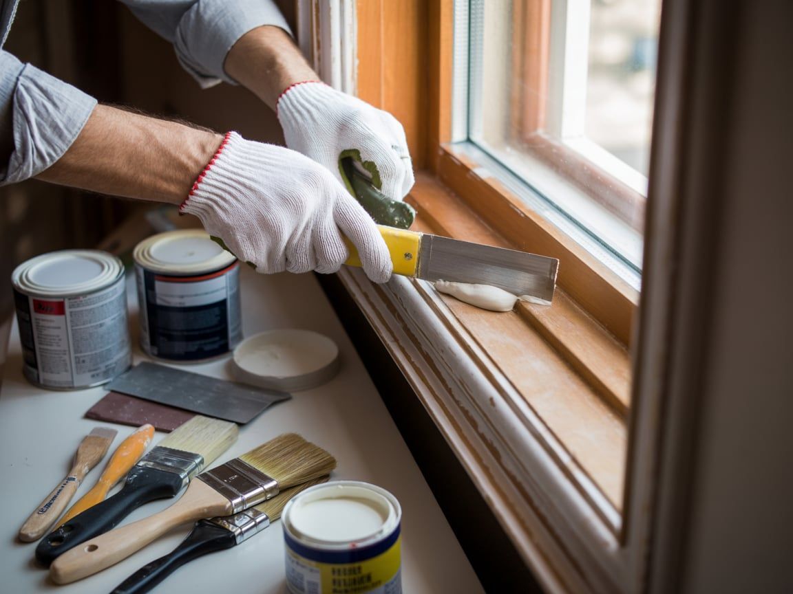Person wearing gloves scraping old paint from a wooden window frame with tools and paint supplies nearby.