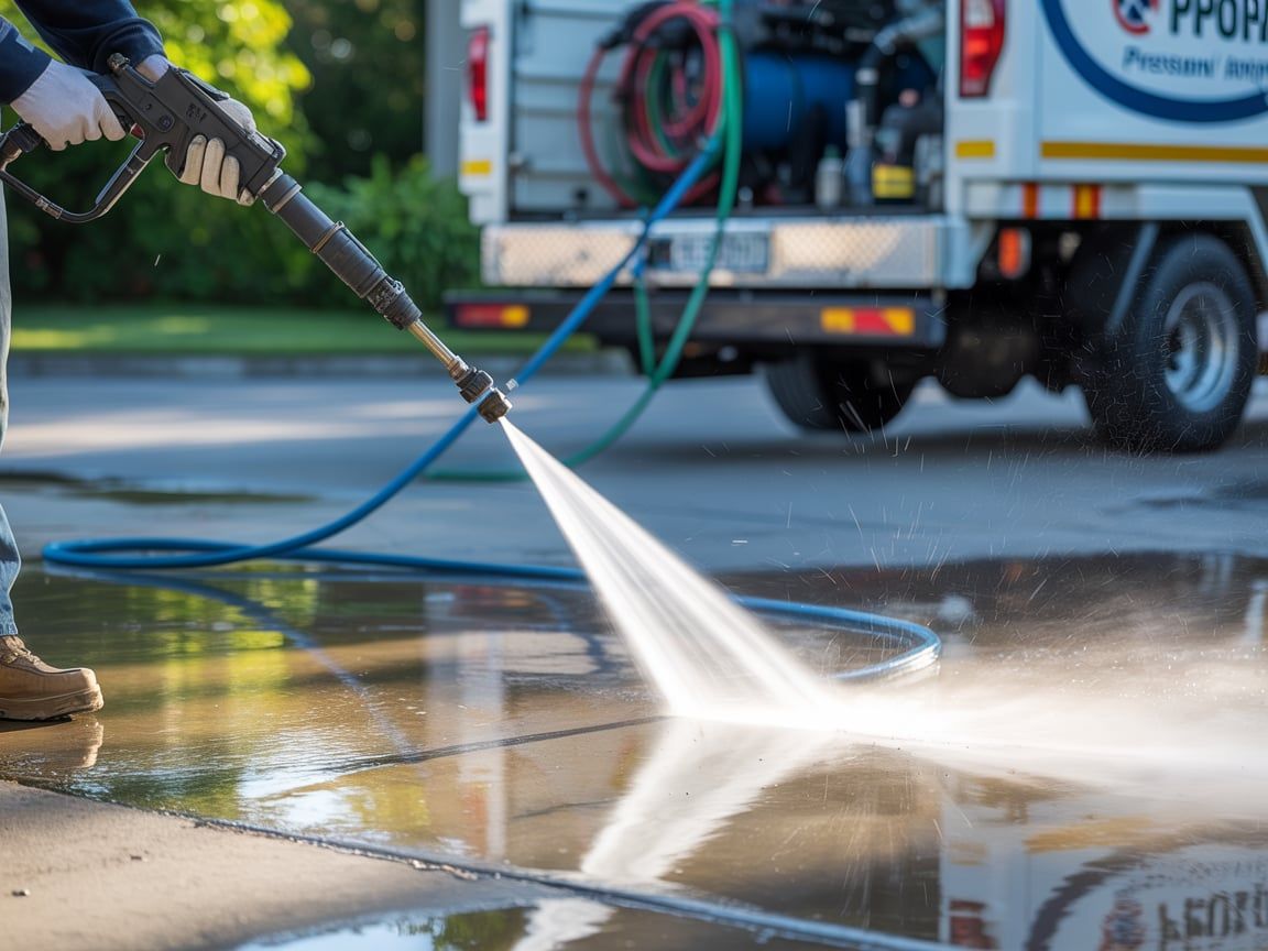 Person using a pressure washer, cleaning a concrete surface near a white truck.