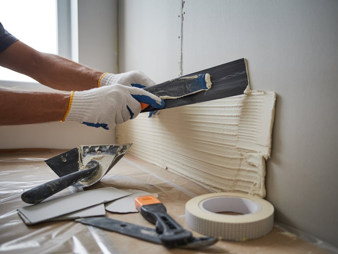 Person in gloves using a putty knife to apply joint compound to a wall. Various tools on a plastic sheet.