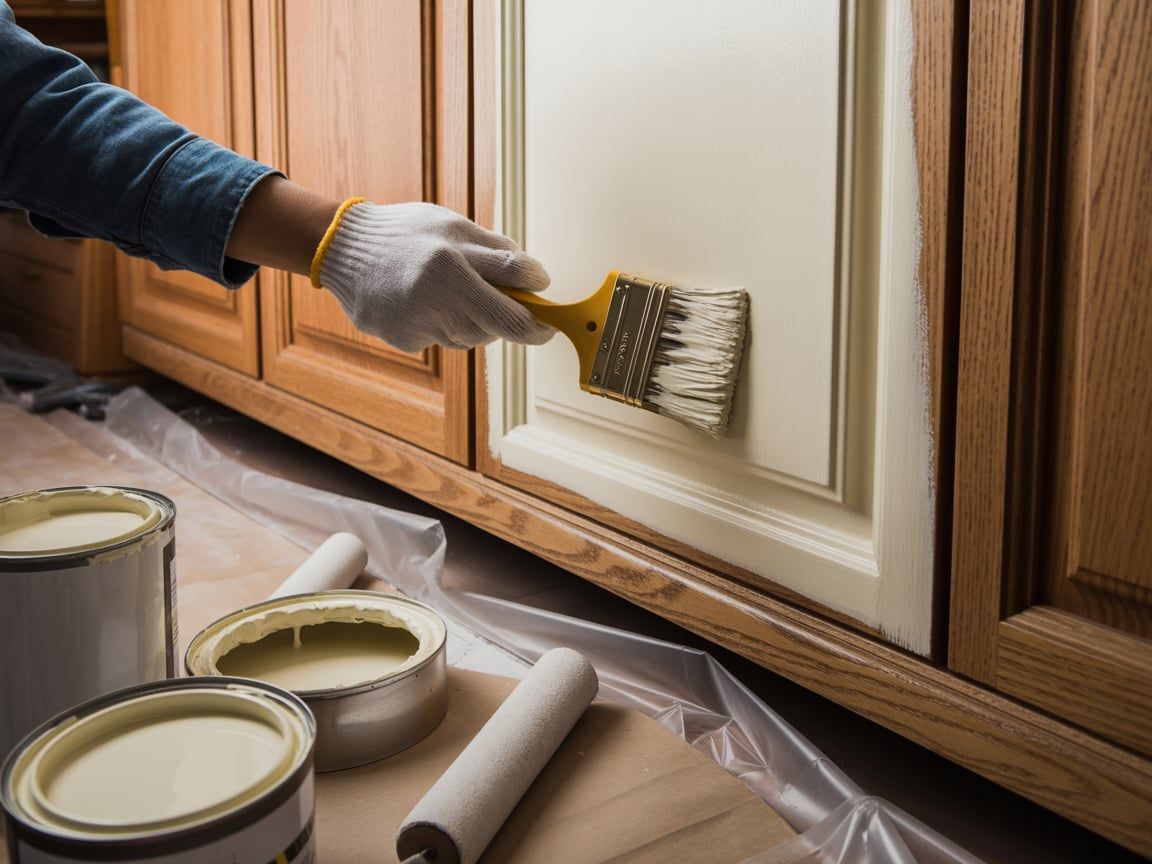 Person painting a cabinet door white with a paintbrush. Paint cans and a roller are nearby.