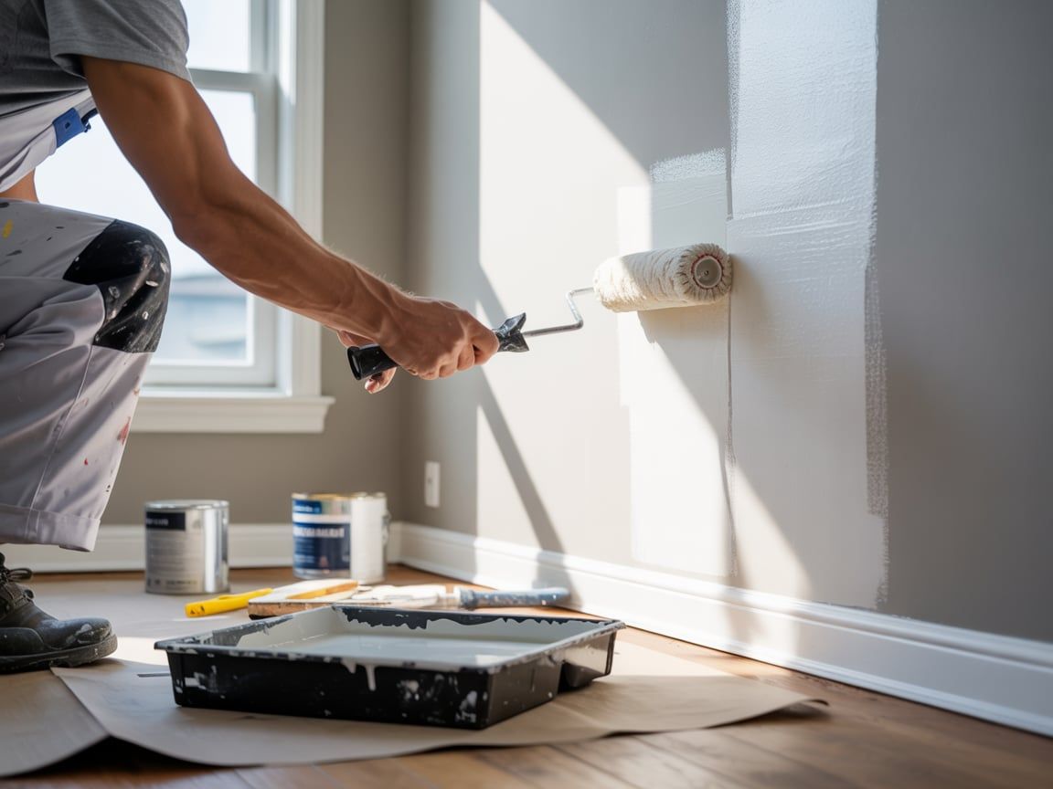 Person painting an interior wall with a paint roller; paint cans, tray, and brown paper on floor.