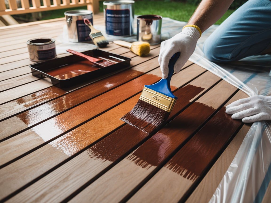Person staining a wooden deck with a brush; cans of stain and painting supplies nearby.