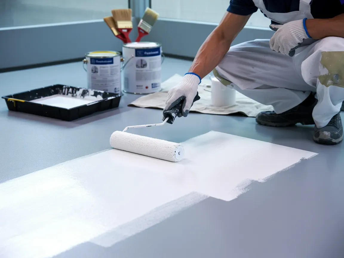 Person painting a gray floor white with a roller; paint cans and brushes in the background.