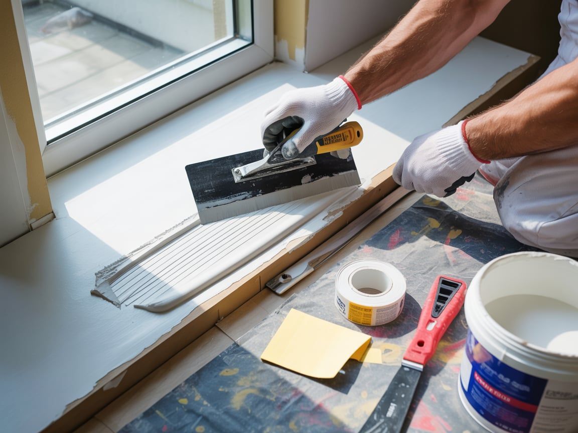 Person applying sealant around a window using a trowel. White gloves, supplies visible.