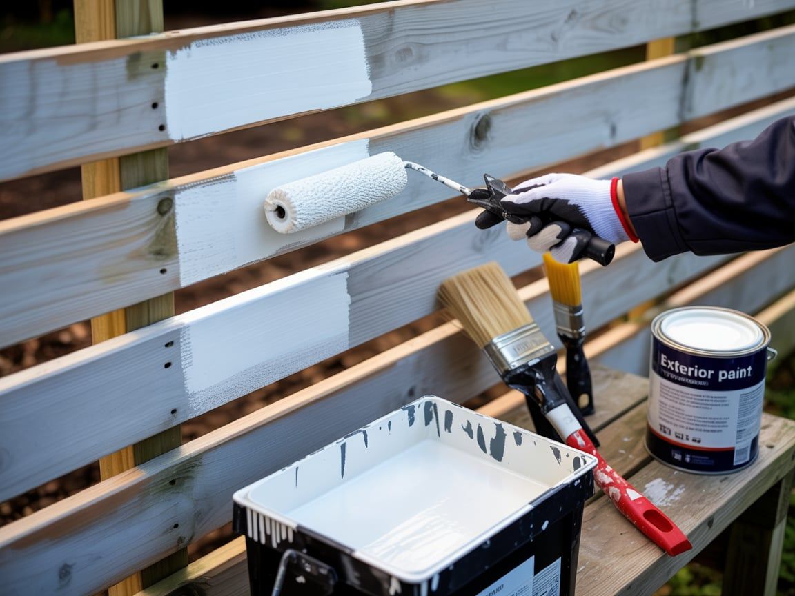 Person painting a wooden fence white with a paint roller. Paint can and brush are also present.