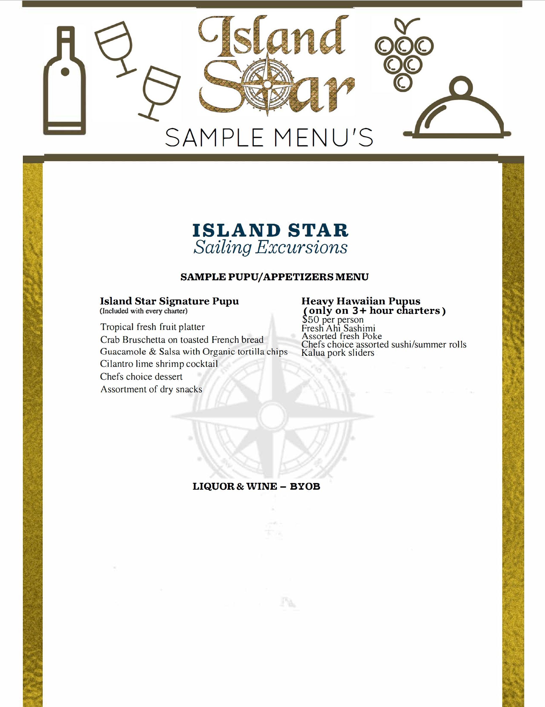 A menu with a compass and a bottle of wine on it.