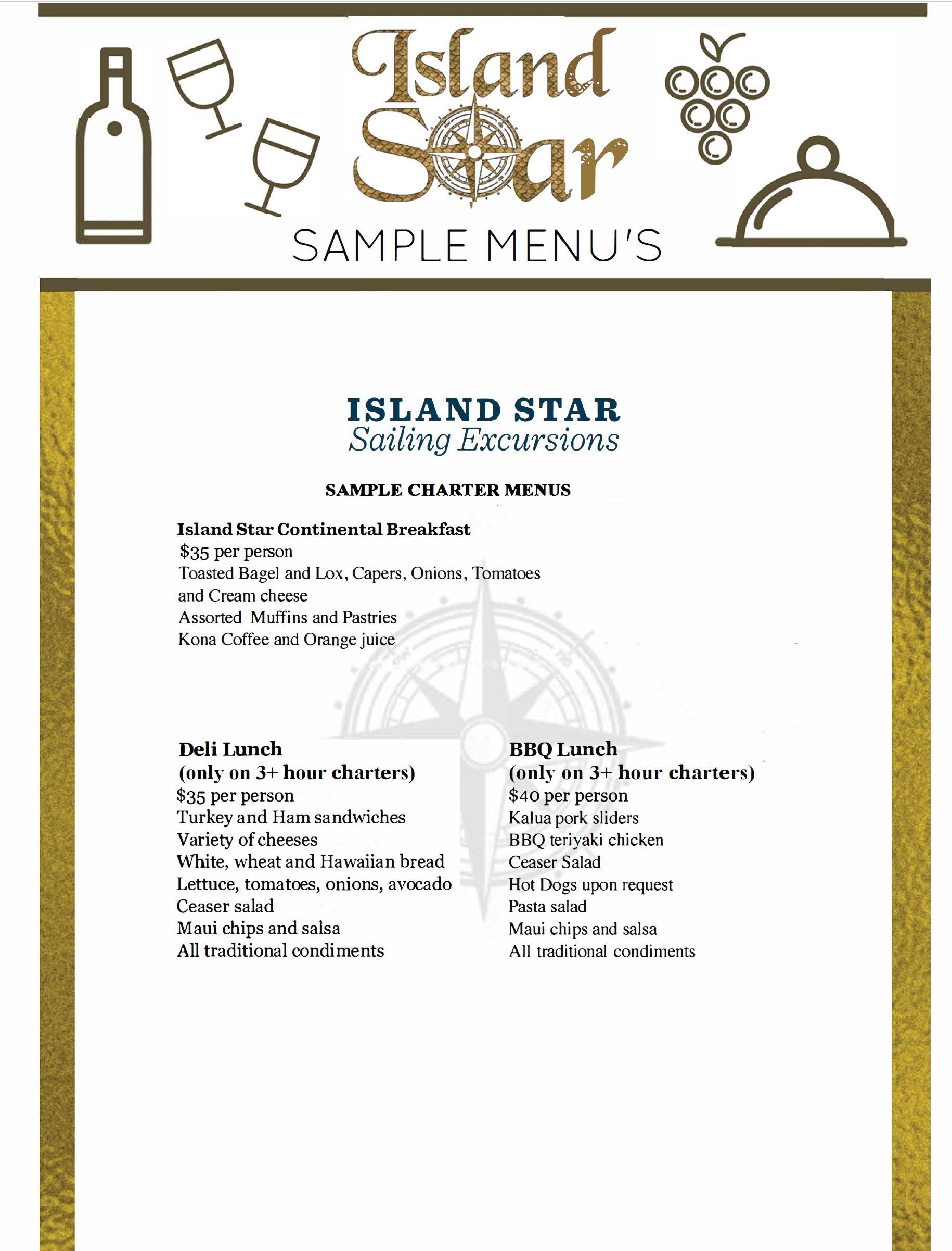 A menu for a restaurant called island star sample meals