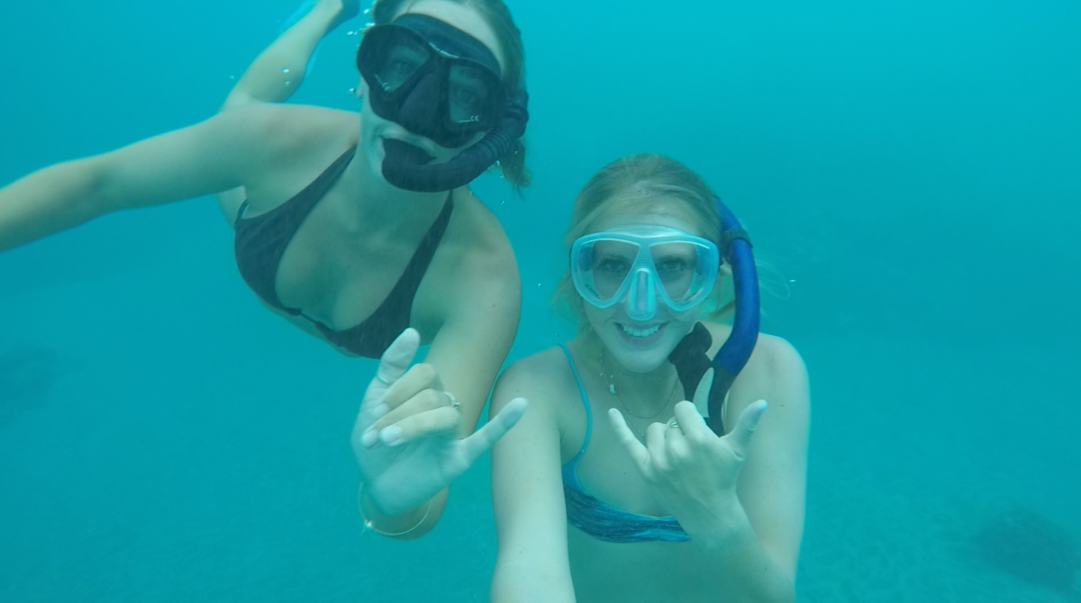 Two women are swimming underwater in the ocean.