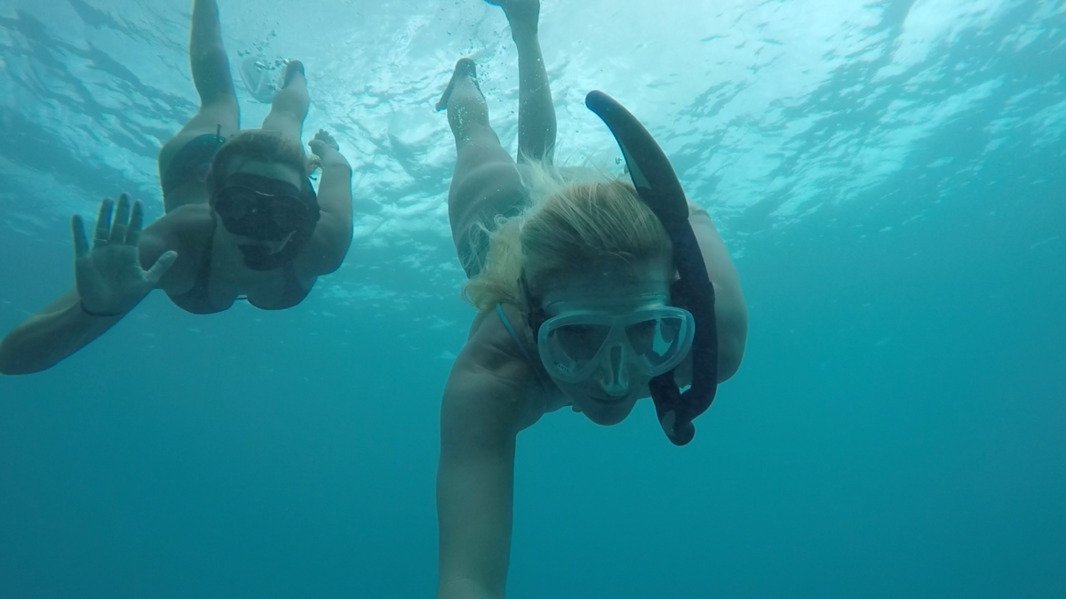 Two people are snorkeling underwater in the ocean.