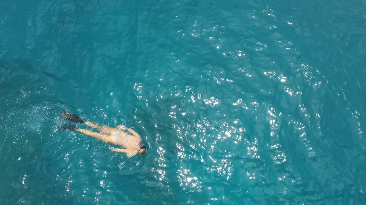 An aerial view of a man swimming in the ocean.