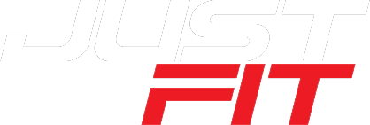 The logo for just fit is red and white on a white background.13