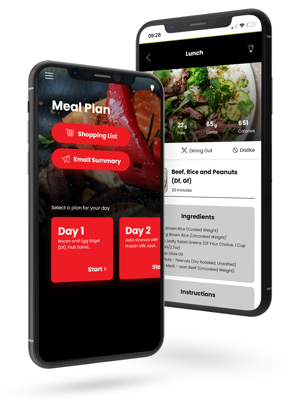 Two phones with a meal plan app on them.
