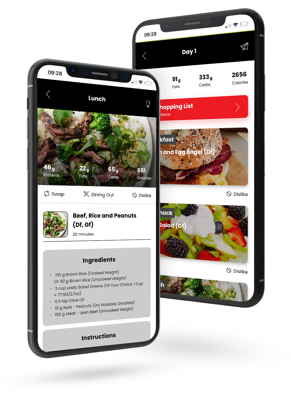 Two phones are displaying different types of food on their screens.