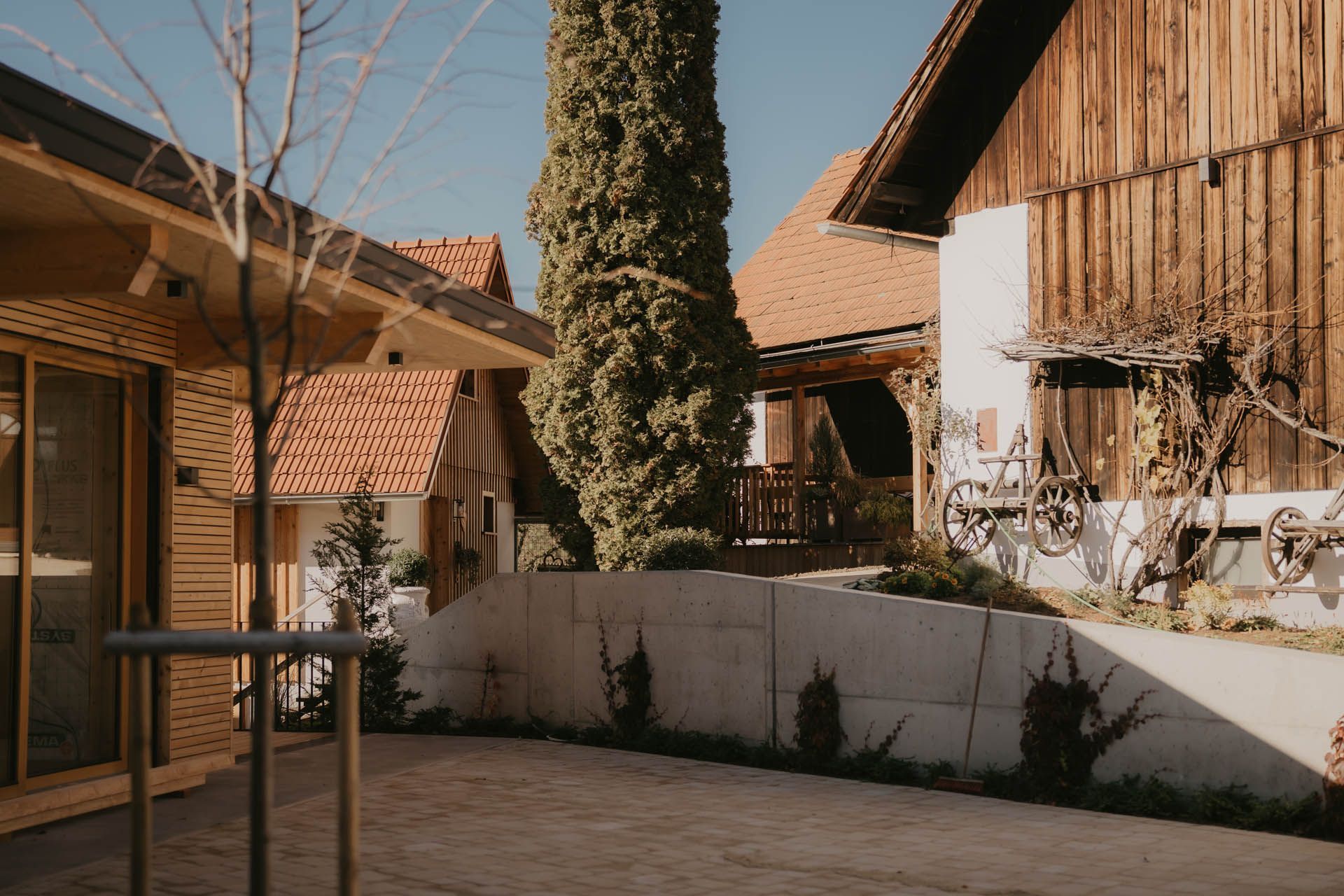 Gebäude mit Holzverkleidung, roten Ziegeldächern und einem hohen immergrünen Baum vor blauem Himmel.