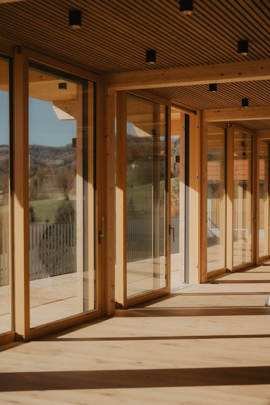Holzgerahmte Glastüren und -decke in einem sonnendurchfluteten Innenraum mit Blick auf eine grüne Landschaft.