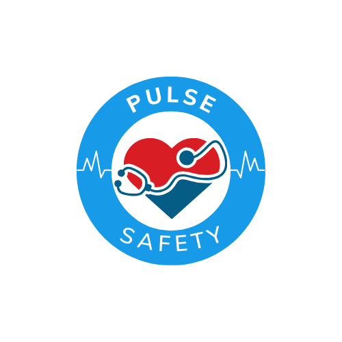 A logo for pulse safety with a heart and stethoscope