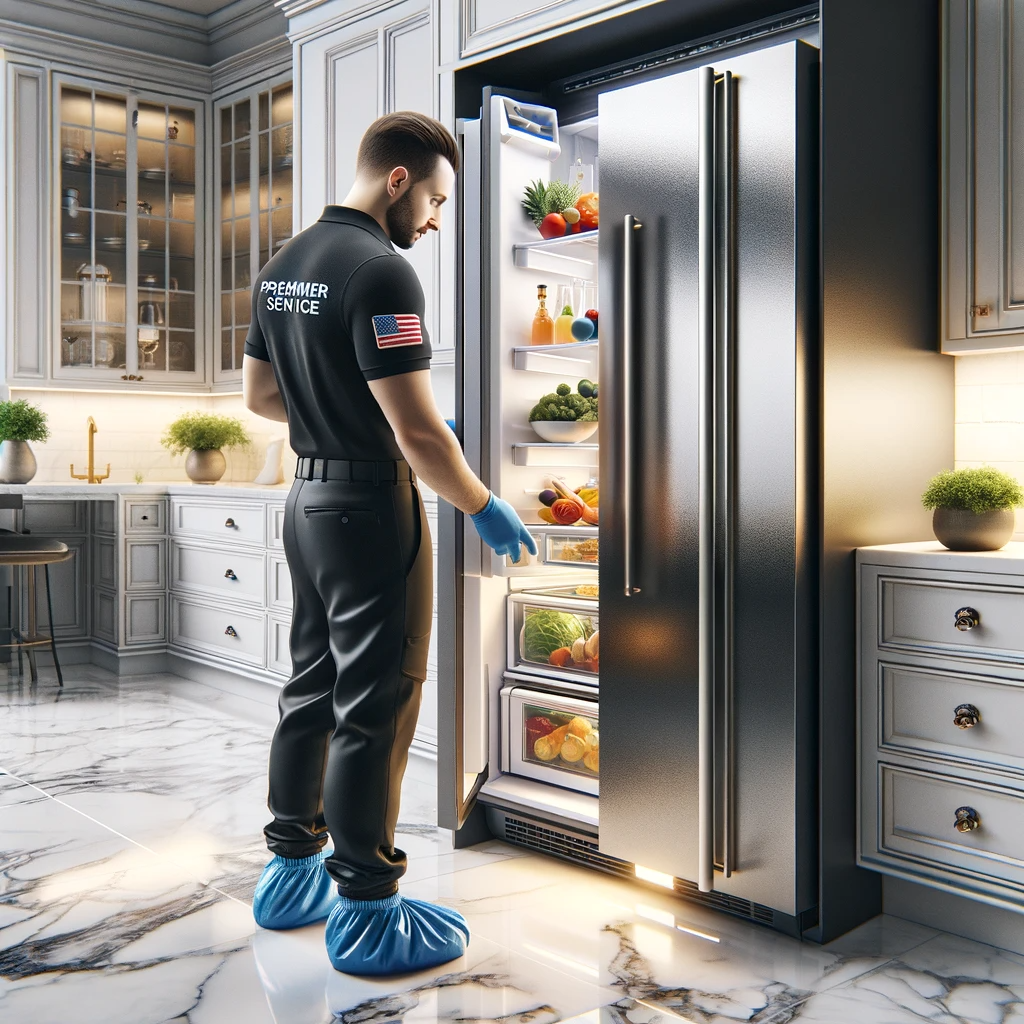 a man is standing in front of a refrigerator in a kitchen .
