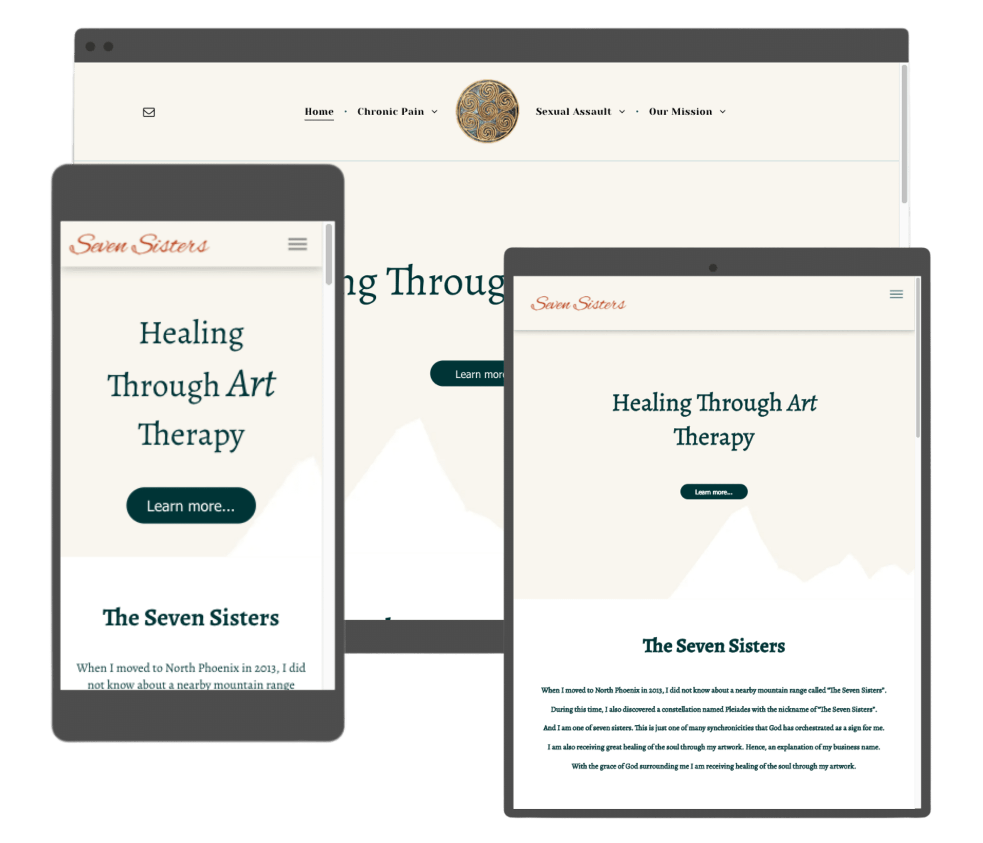 a phone , tablet , and computer screen showing a website for healing through art therapy .