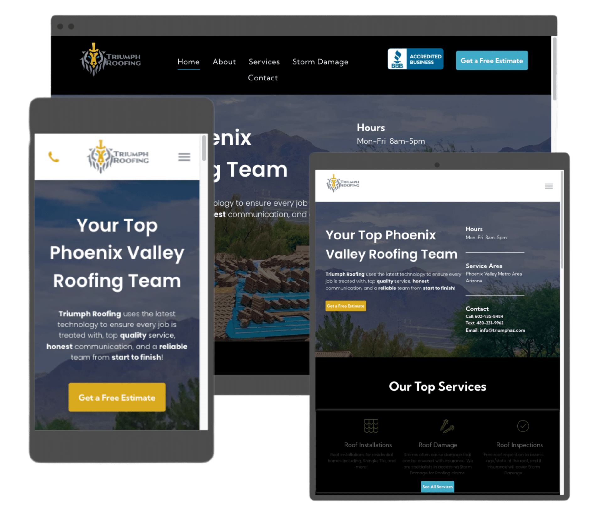 a phoenix valley roofing team website is displayed on three different devices .