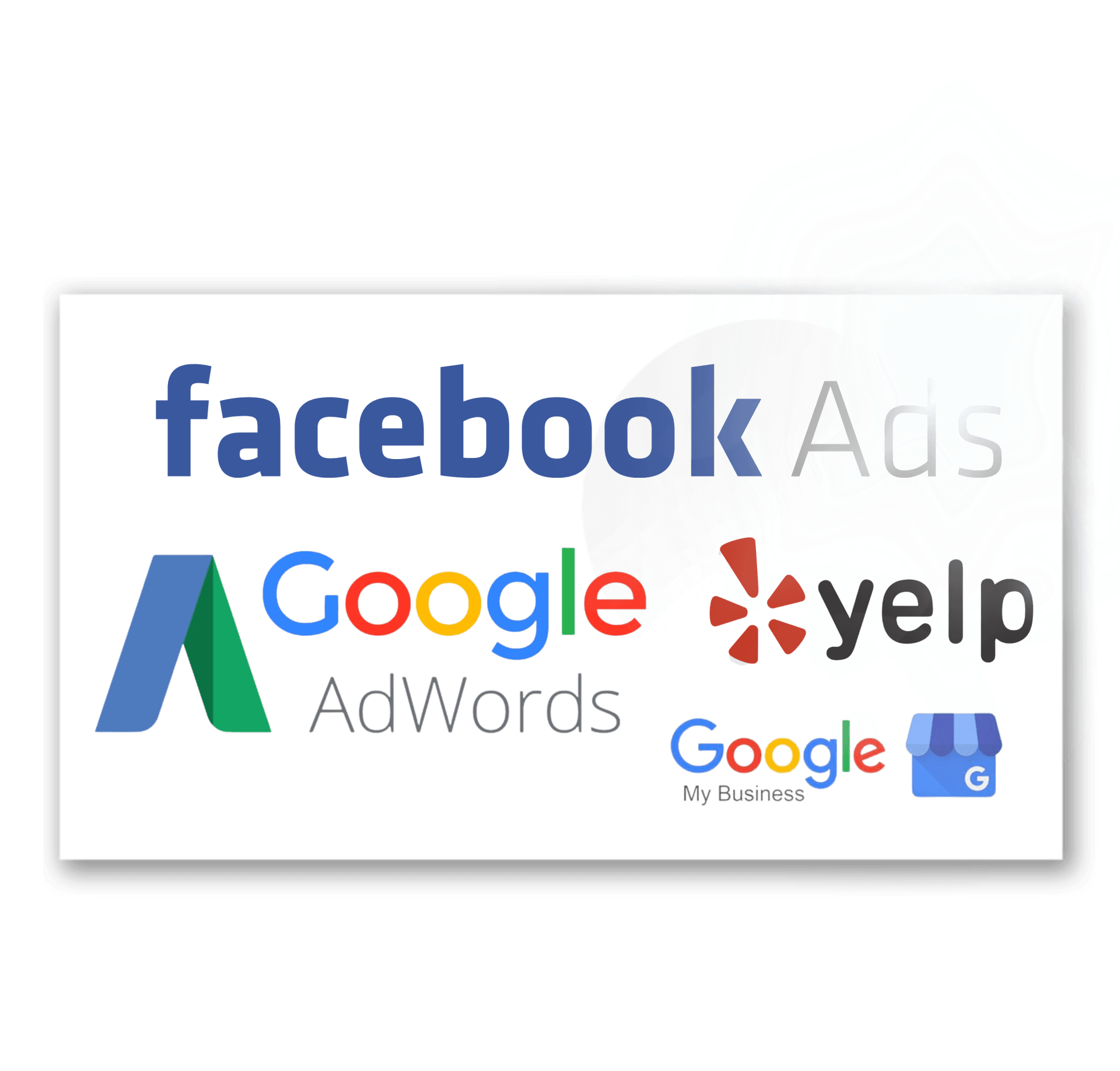 a logo for facebook ads , google adwords , yelp , and google my business .